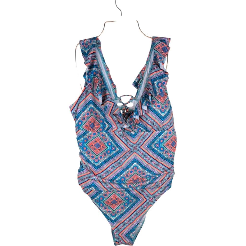NWT Swimsuit One Piece Tie Back Ruffle‎ Neck Colorful Medallion Design Boho XL